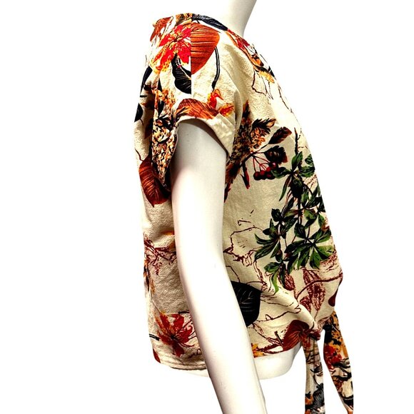 CCC Vintage Inspired Cotton Floral Tie Front Crop Top Leafy Print Keyhole Back - Picture 4 of 7